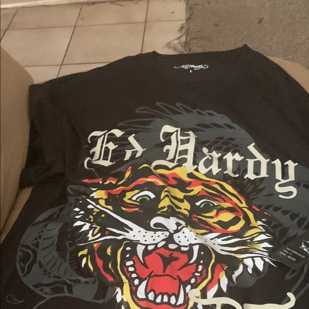 Ed Hardy Black and Red Short Sleeve Tee with Tiger Graphic